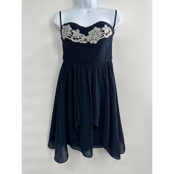 Minuet Navy Women Embellished Sweetheart Fit and Flare‎ Chiffon Mini Dress Small - Picture 8 of 9